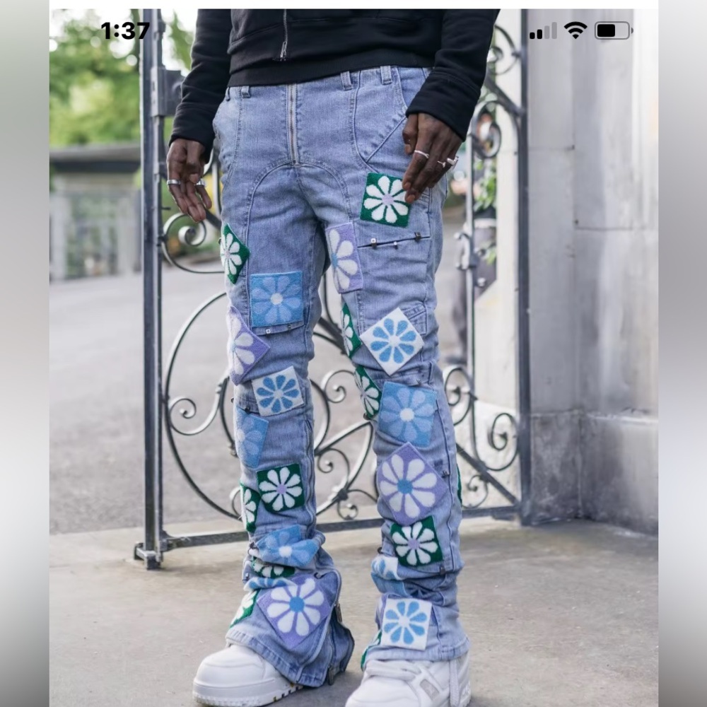 Stylish Blue Floral Patchwork Bootcut Jeans